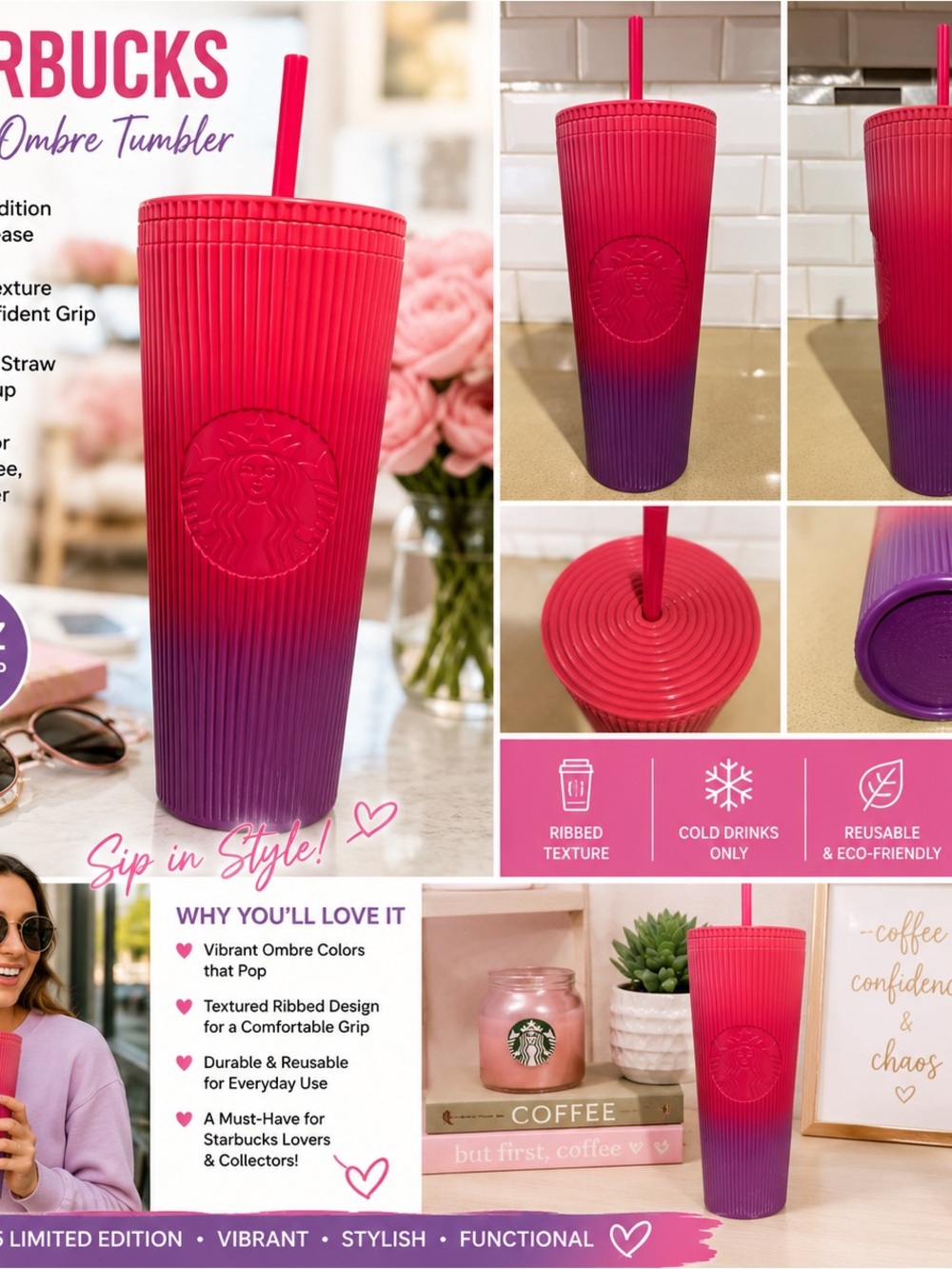 Starbucks Ribbed Ombre Tumbler Pink Purple Red 24oz Cold Cup Straw Limited 2025